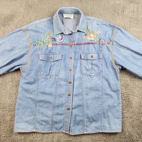Vintage Denim Shirt Women’s Large Long Sleeves Button Front Floral Embroidered - Picture 8 of 11